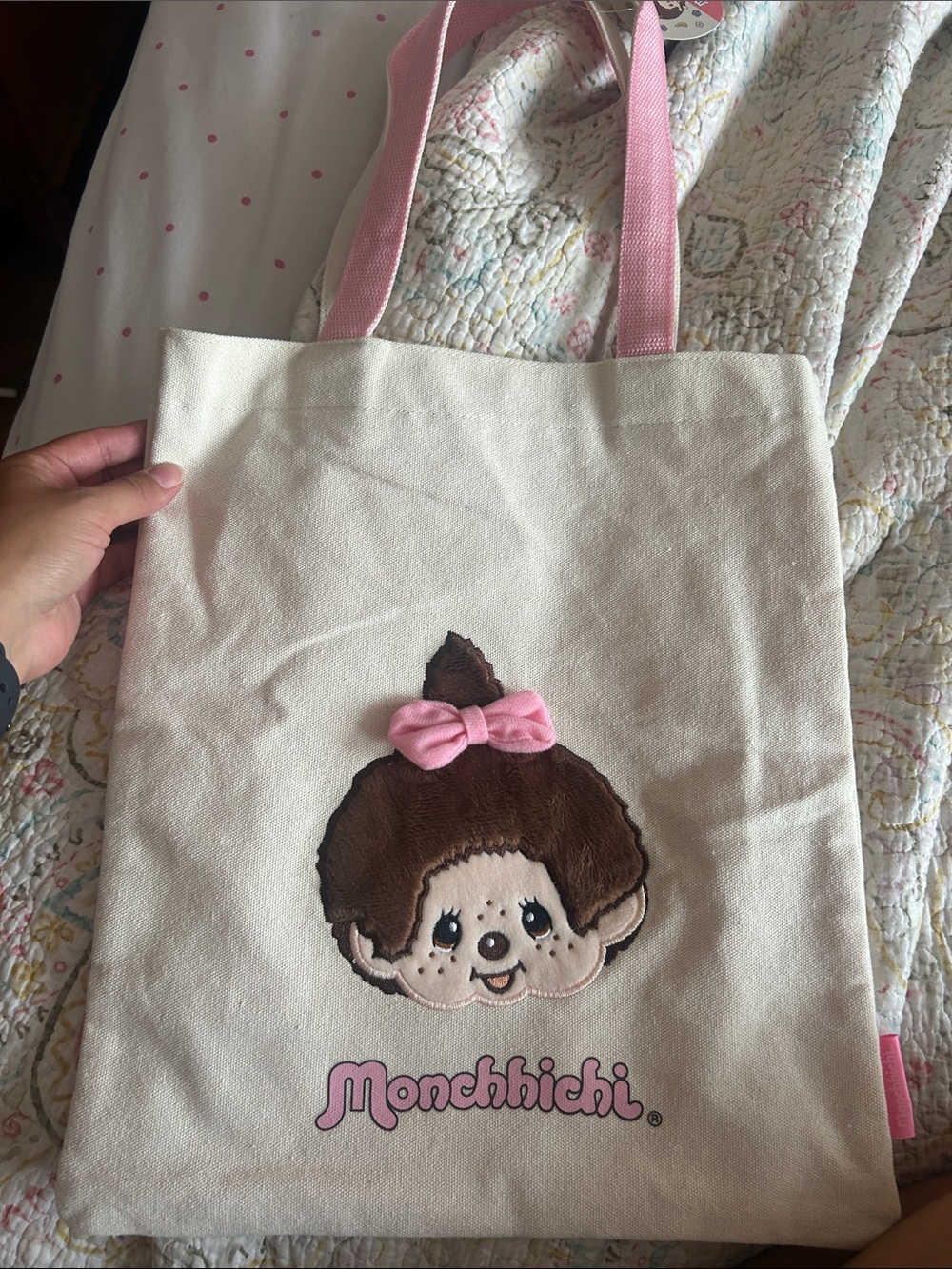 Monchhichi tote Cream Canvas Tote Bag with Pink